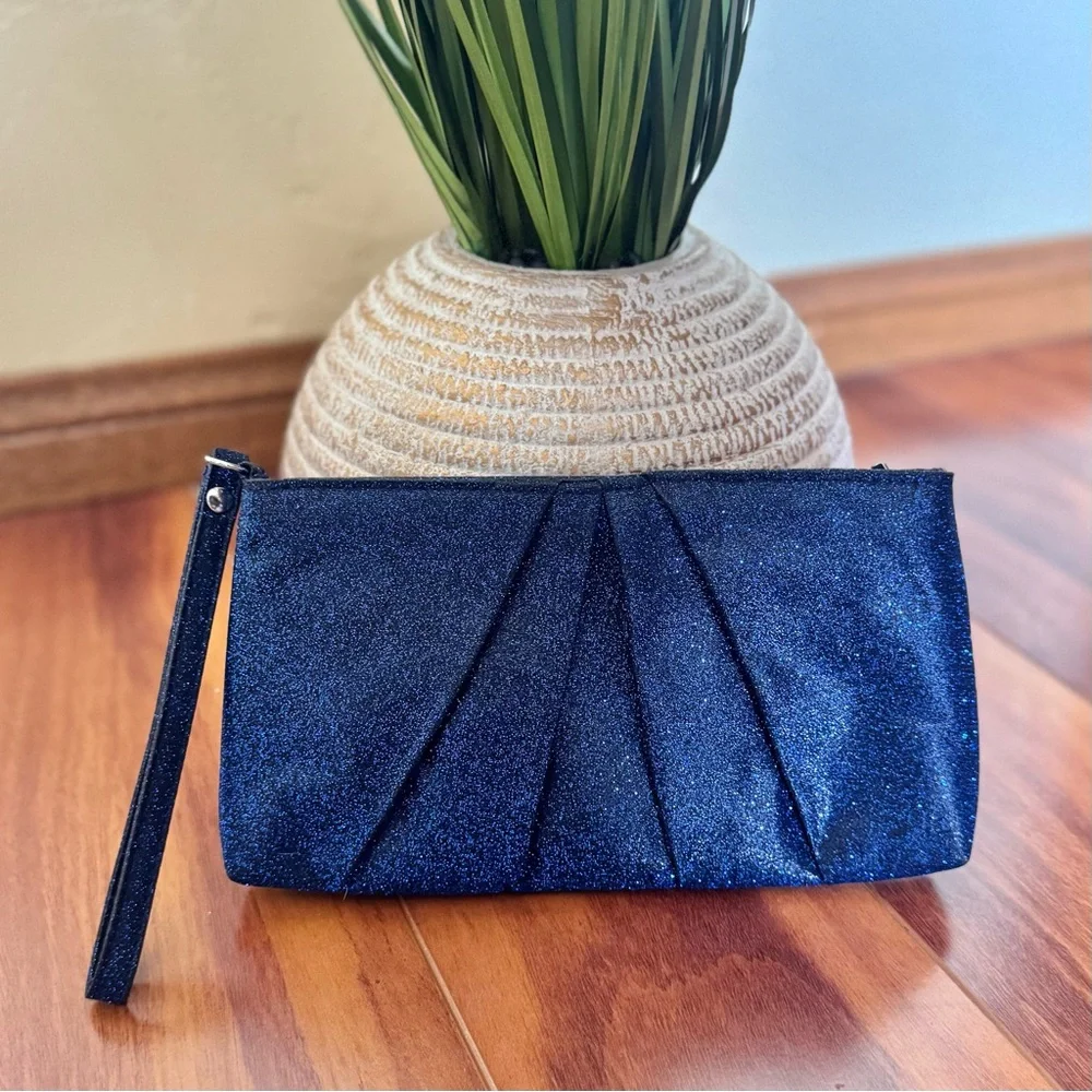 Elegant Glitter Navy Blue Zip Clutch Bag - Picture 1 of 6